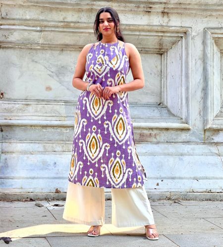 Purple Ikat Cotton Apron Neck Straight Kurta