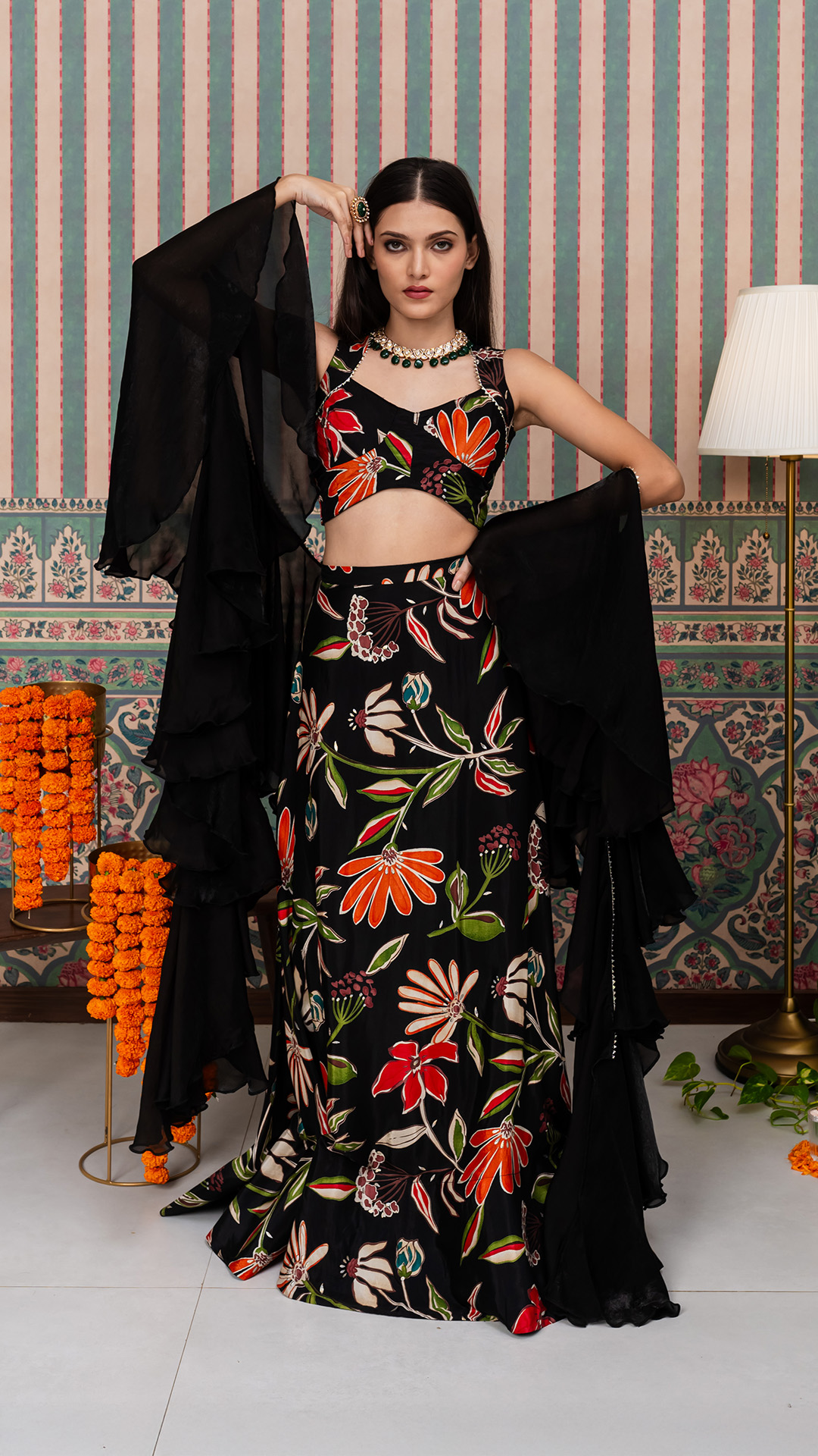 Black Floral Lehenga With ruffle Dupatta