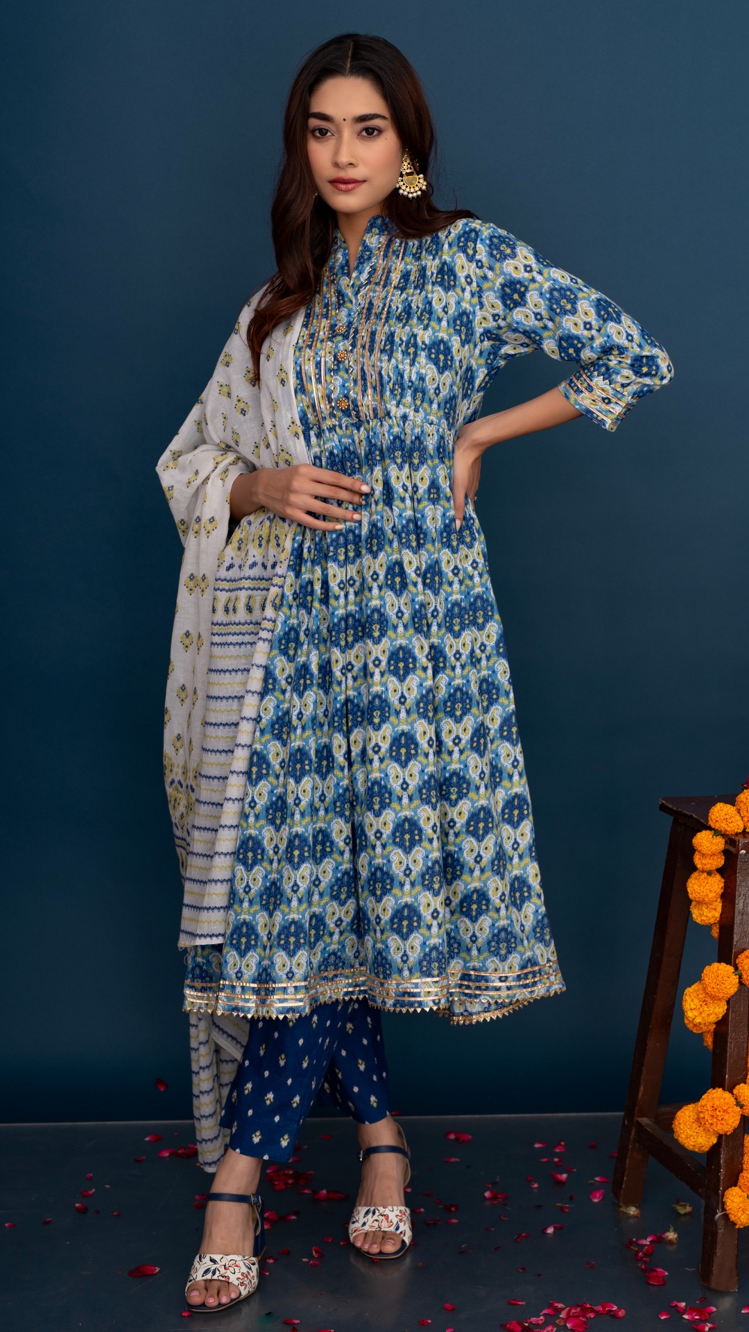 Blue Ikat Printed Gota Patti Cotton Kurta Set With Dupatta