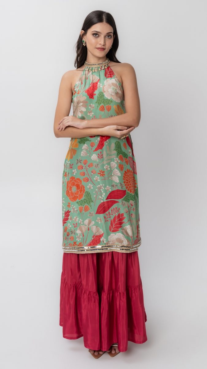 Green Floral Halter Neck Kurta Skirt Set