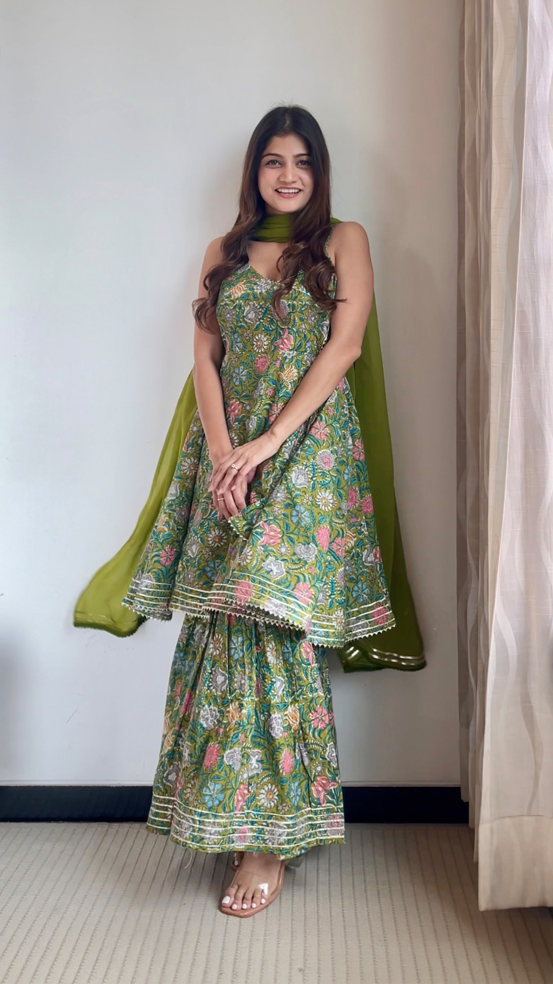 Green Angrakhaa Floral Print Sharara Set