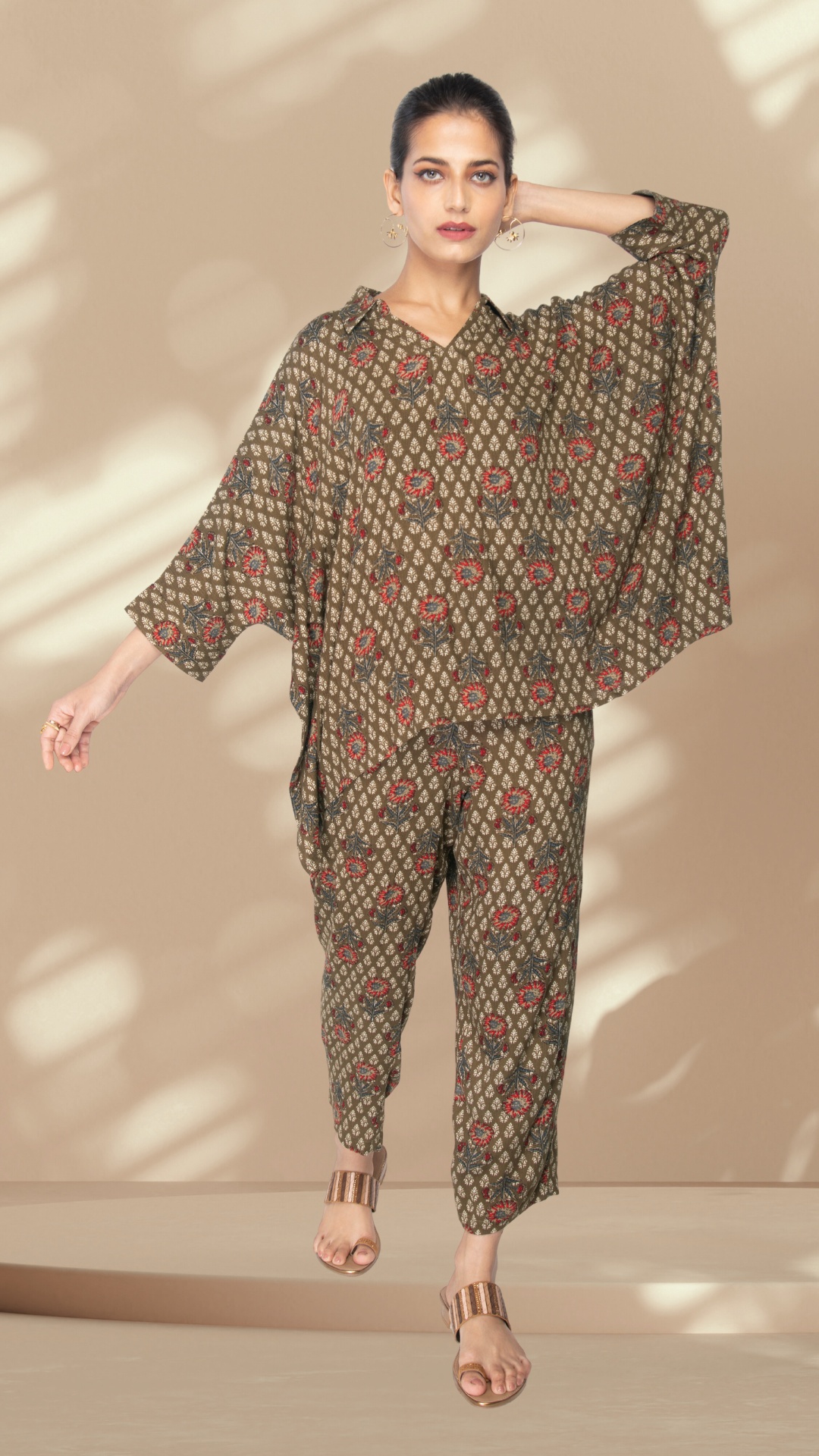 Green Viscose Shirt Style Kaftan Coord Set