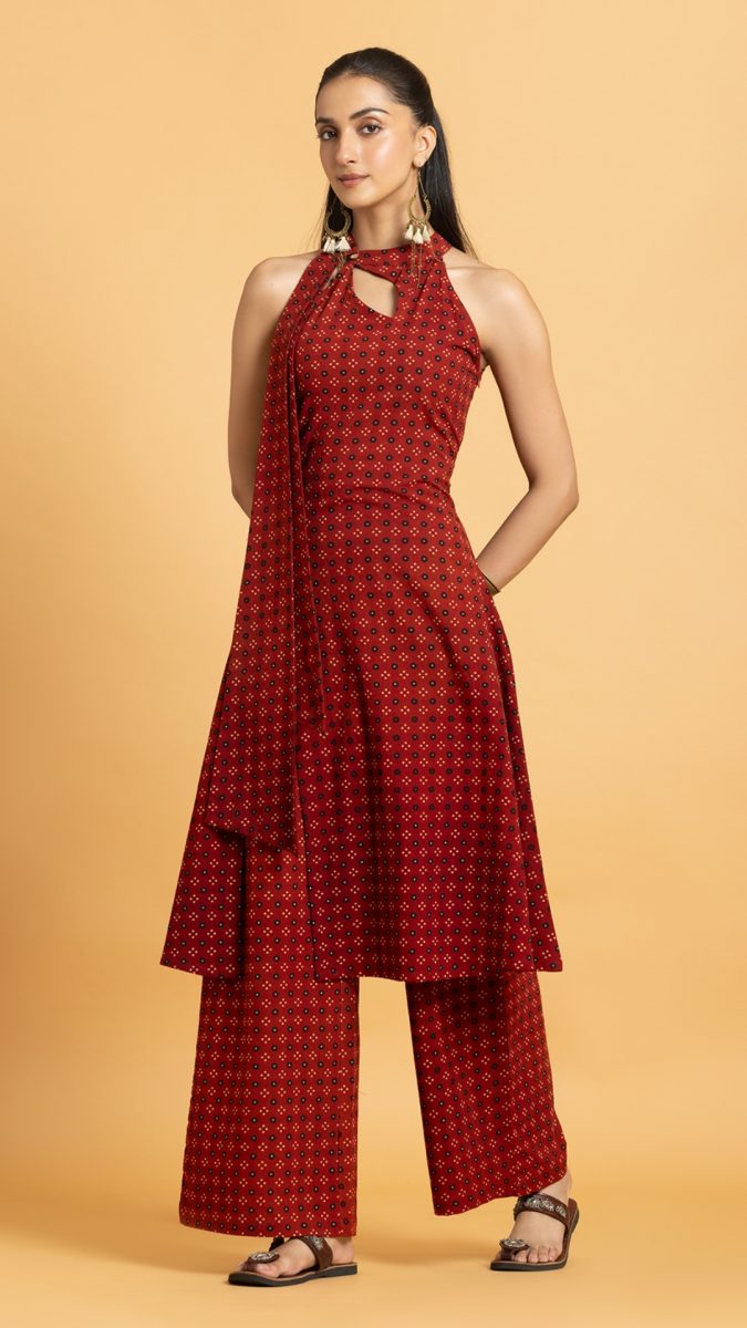 Maroon Sleeveless A-Line Halter Kurta With Wide-Leg Pants Set Diwali outfit ideas