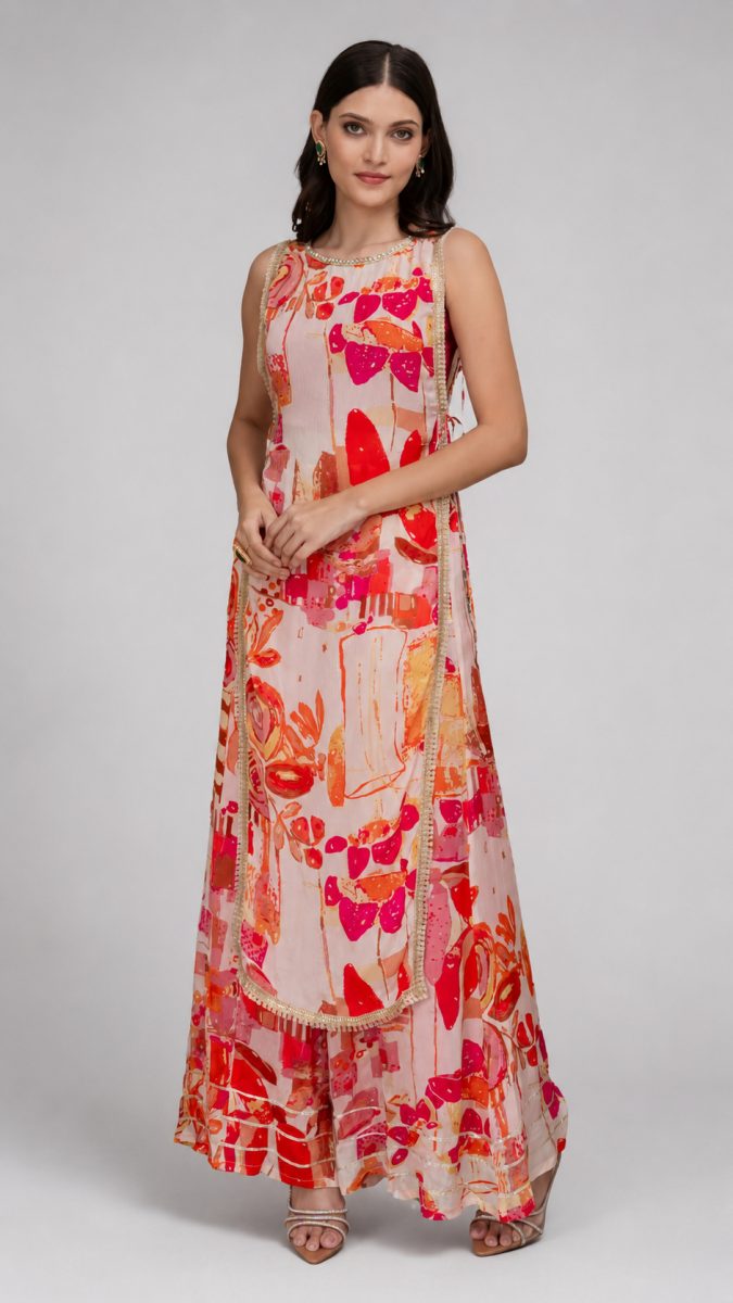 Pink 3-Piece Ethnic Co-ord Set with Kurti Crop Top and Flared Pants