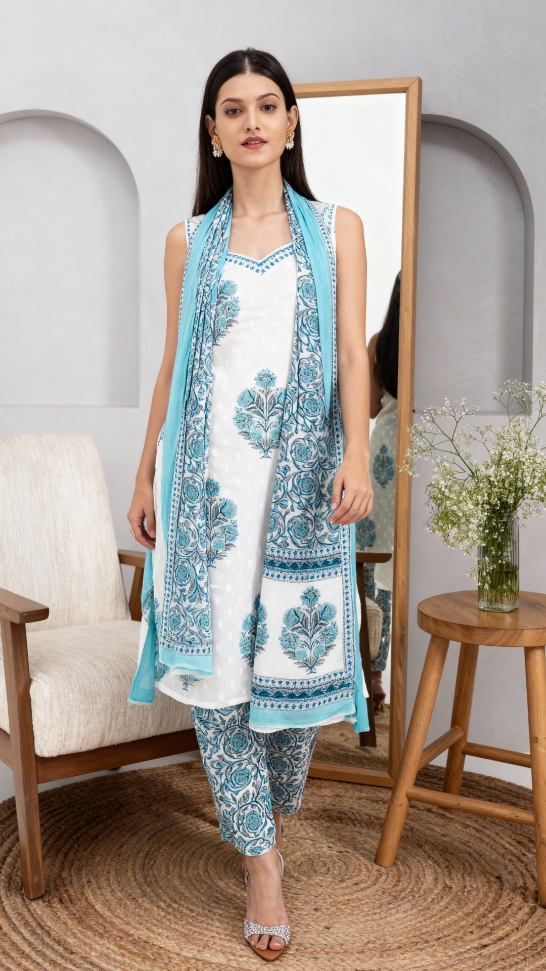 White Floral Print Kurta Set