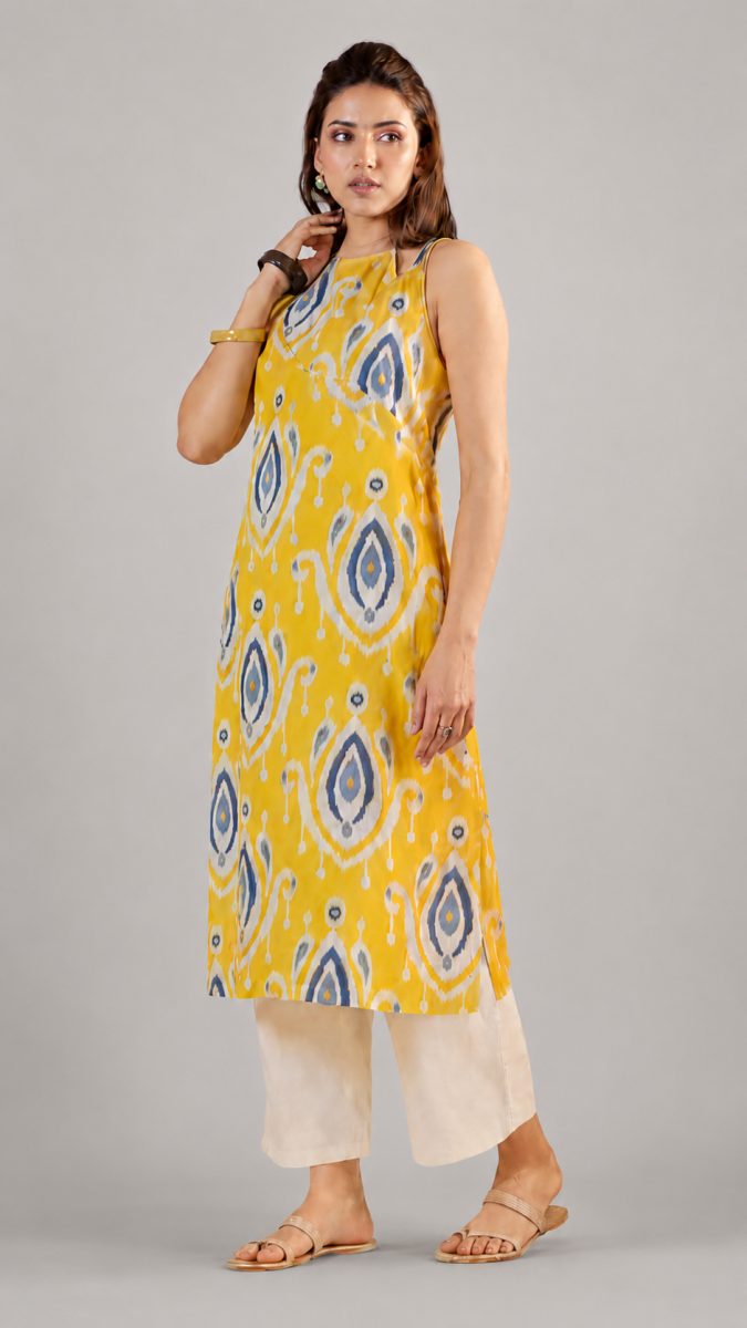 Yellow Ikat apron neck cotton straight kurta