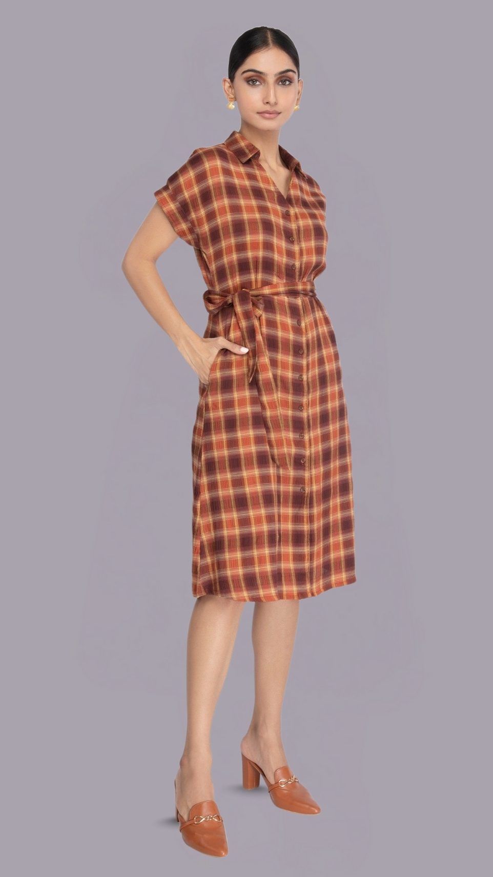Brown Checked Pattern Shirt Dress