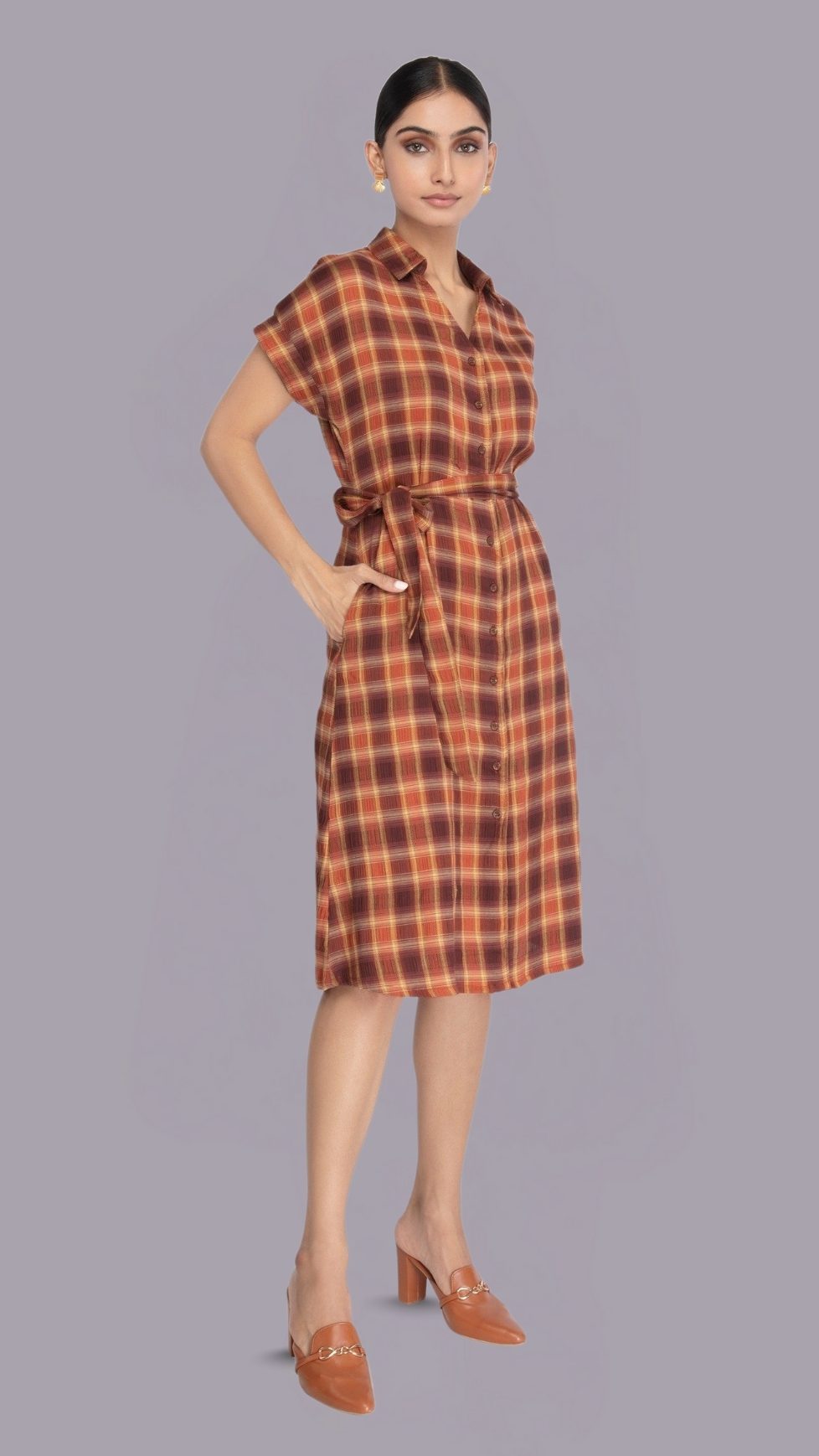 Brown Checked Pattern Shirt Dress
