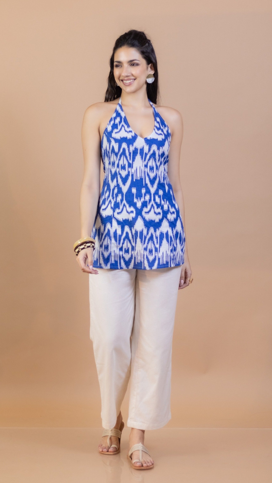 Blue Ikat Cotton Halter Neck Kurti