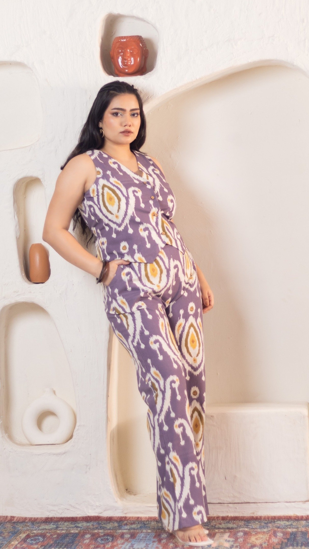 Purple Ikat Waistcoat Pant Cotton Co-Ord Set