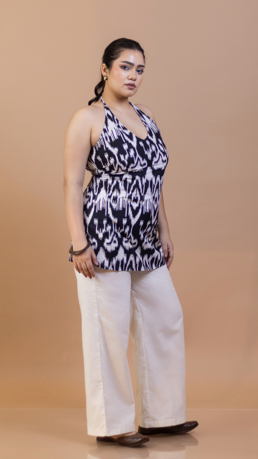 Black Ikat Cotton Halter Neck Kurti