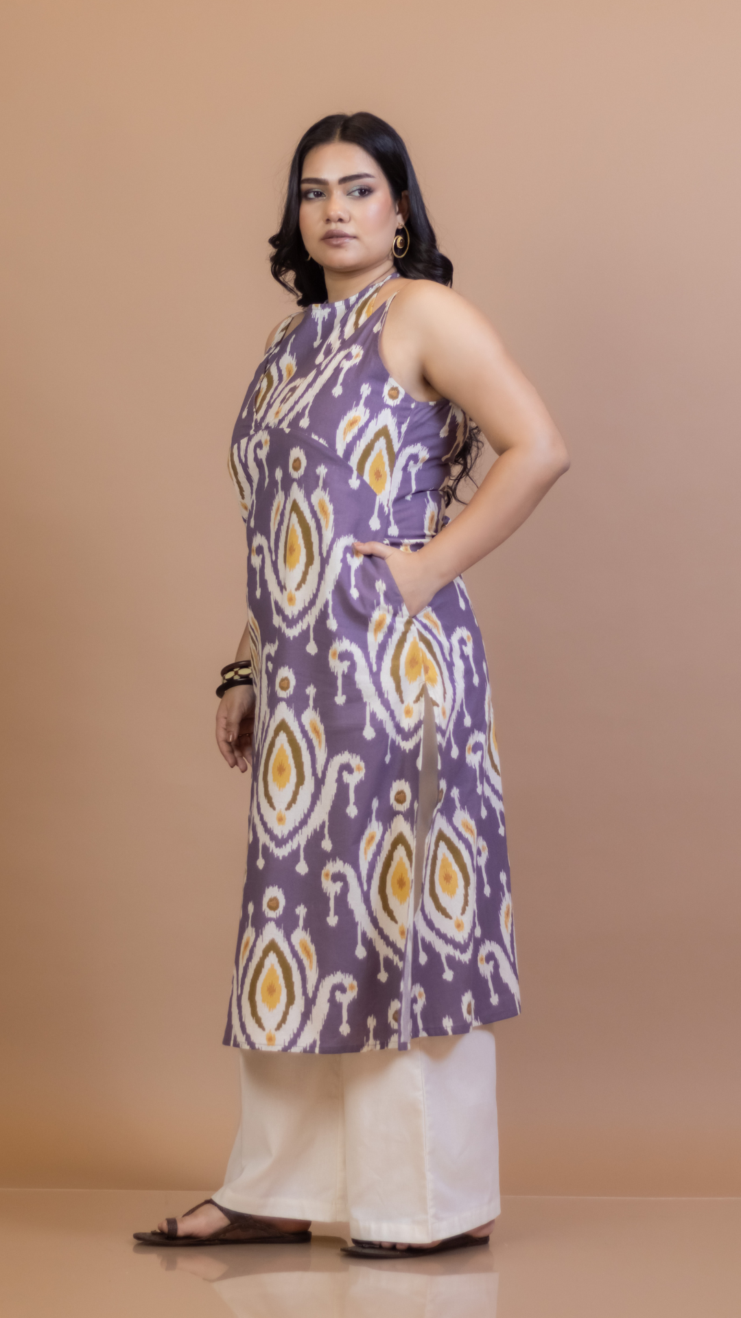 Purple Ikat Cotton Apron Neck Straight Kurta