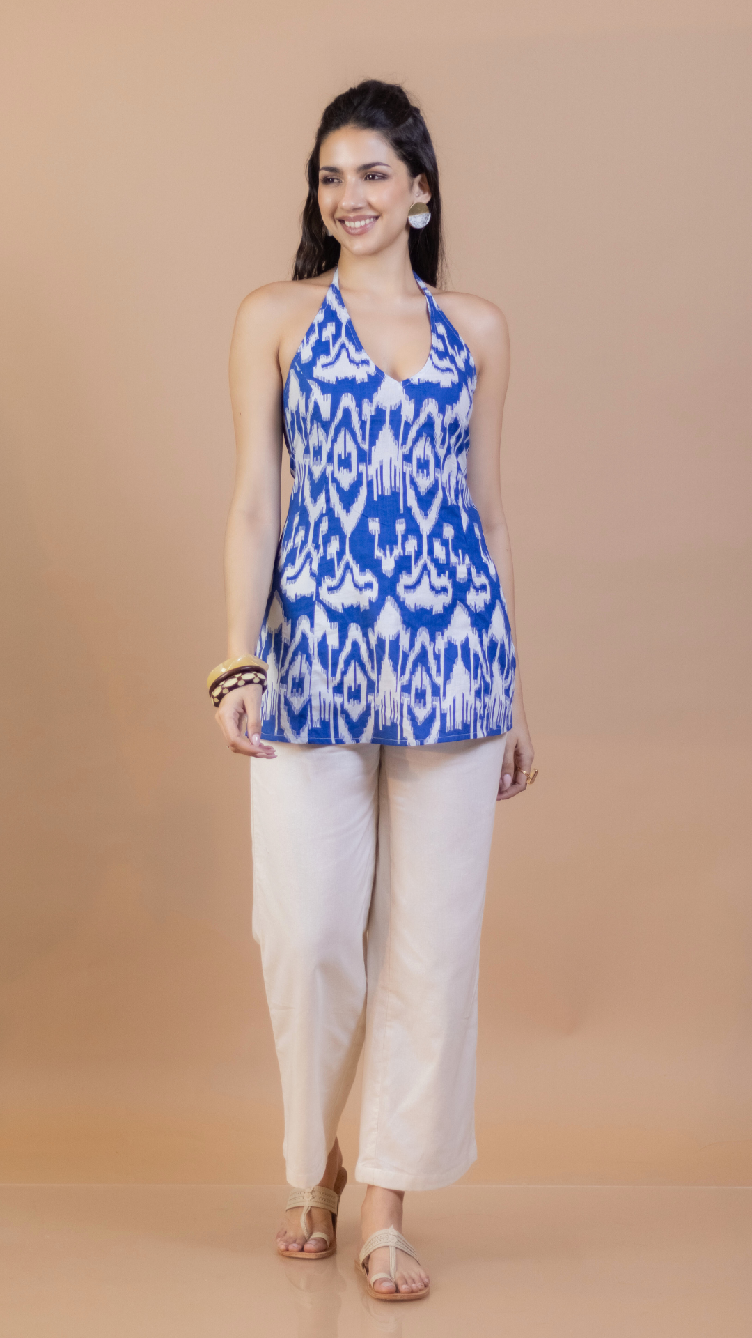 Blue Ikat Cotton Halter Neck Kurti