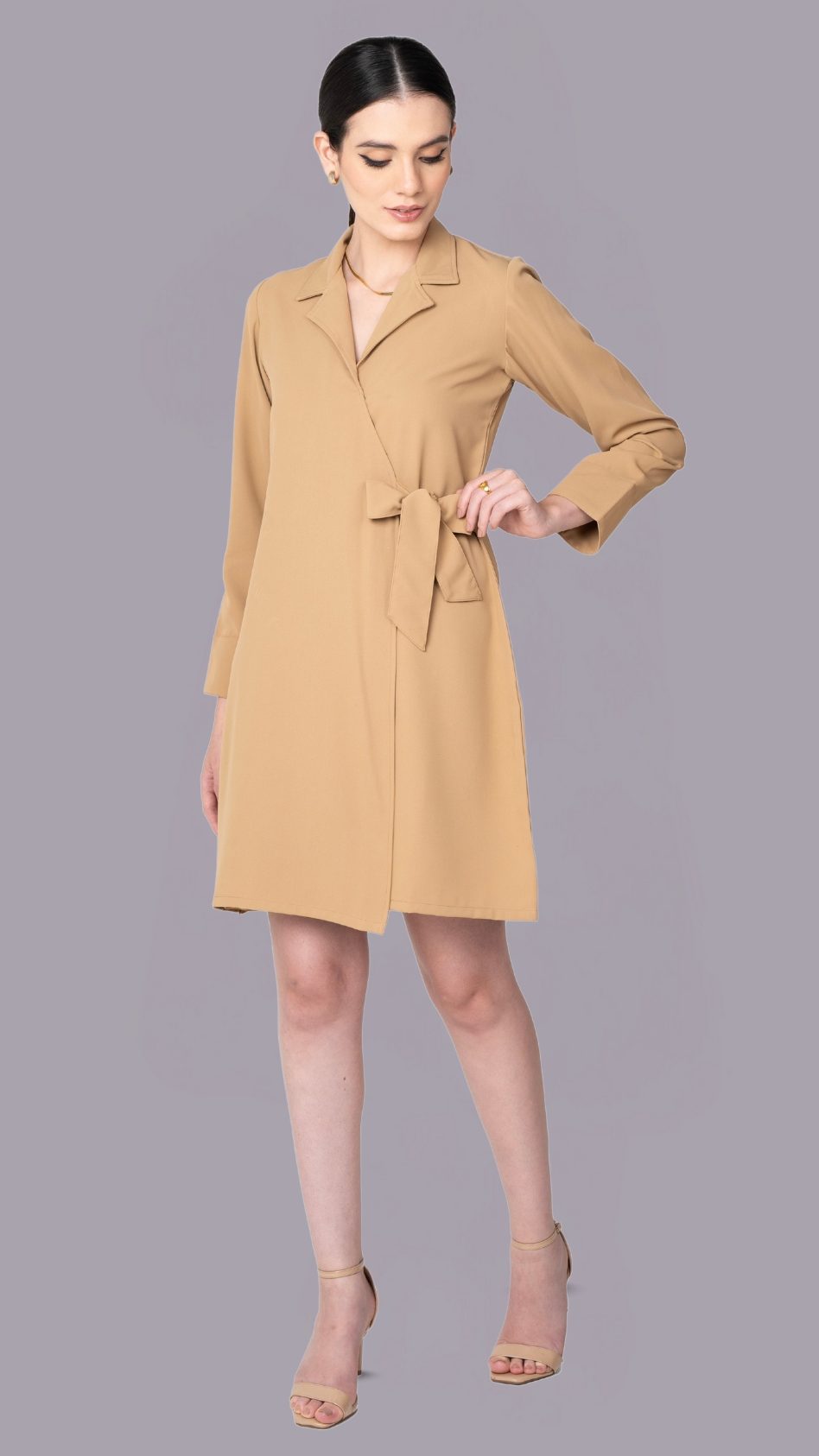 Beige Lapel Collar Dress With Front Tie