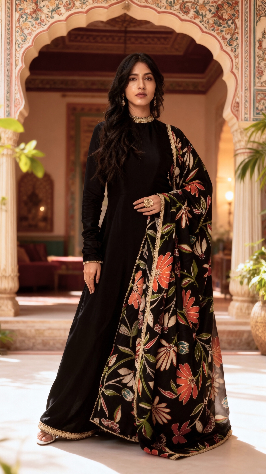 Black anarakali pre wedding shoot dresses