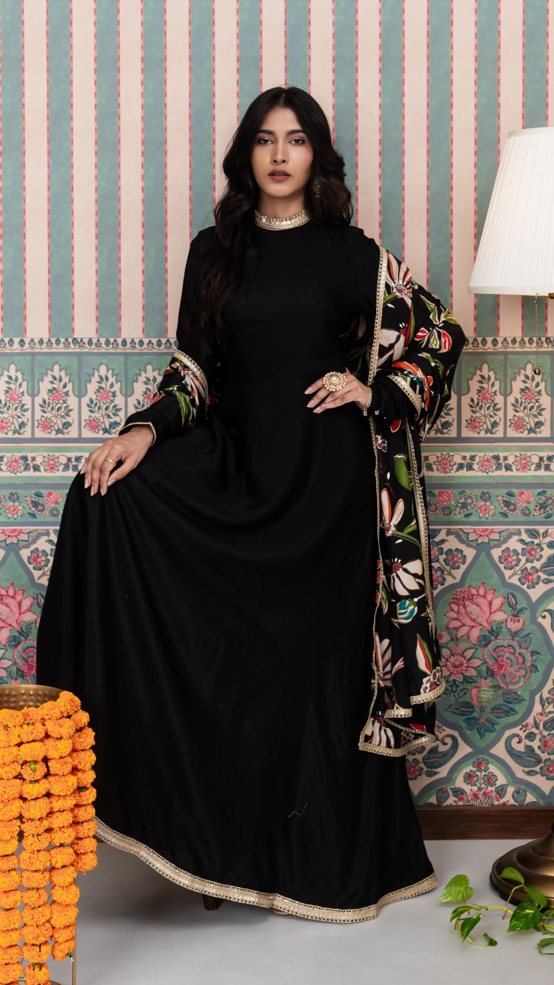 Black anarakali pre wedding shoot dresses