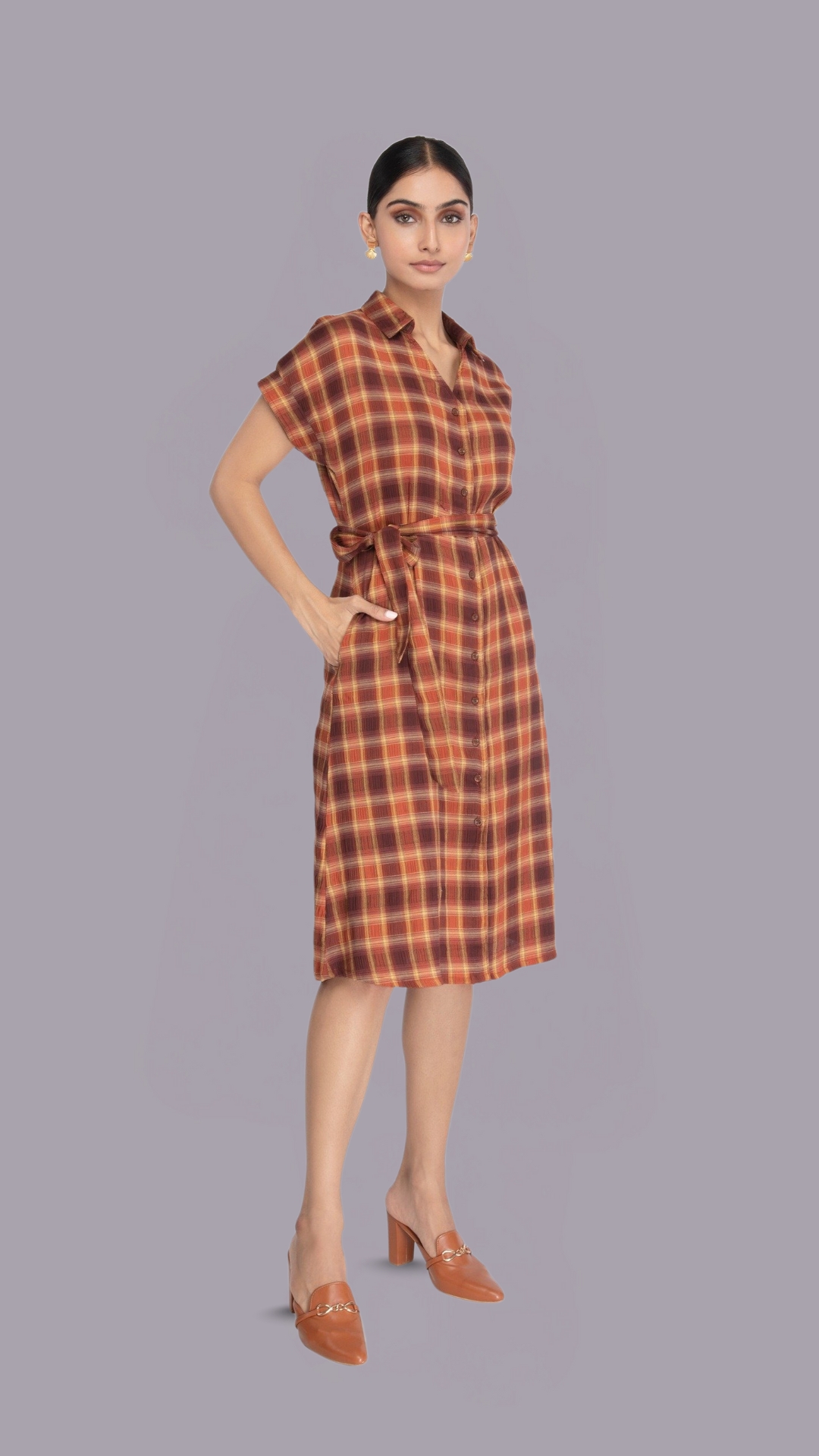Brown Checked Pattern Shirt Dress