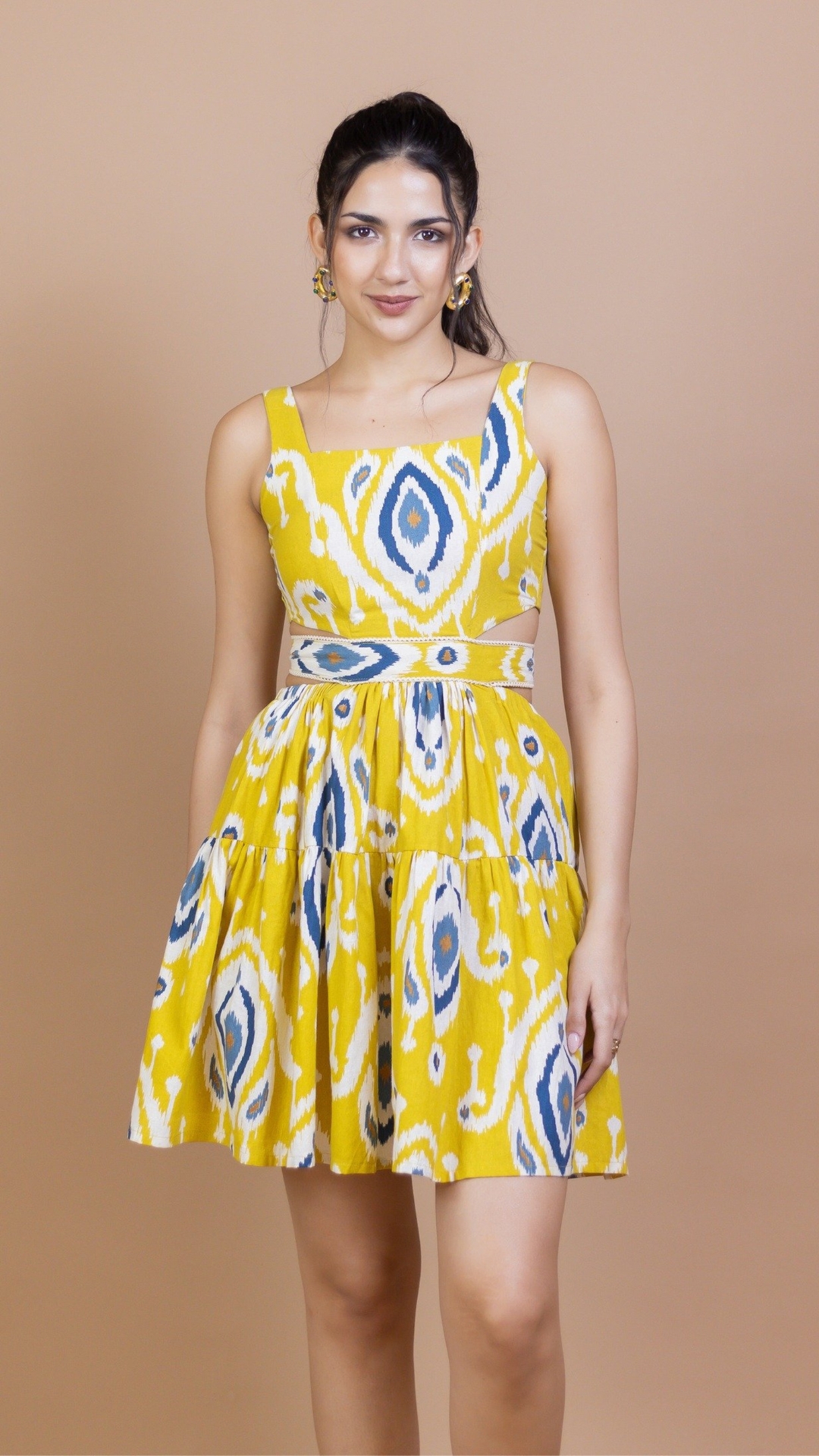 Yellow Ikat Cotton Waist-Cut Mini Dress