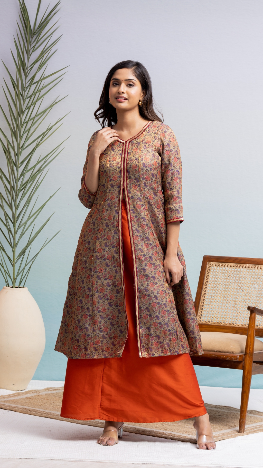 Green & Orange Flared Slit Kurta With Skirt for navratri