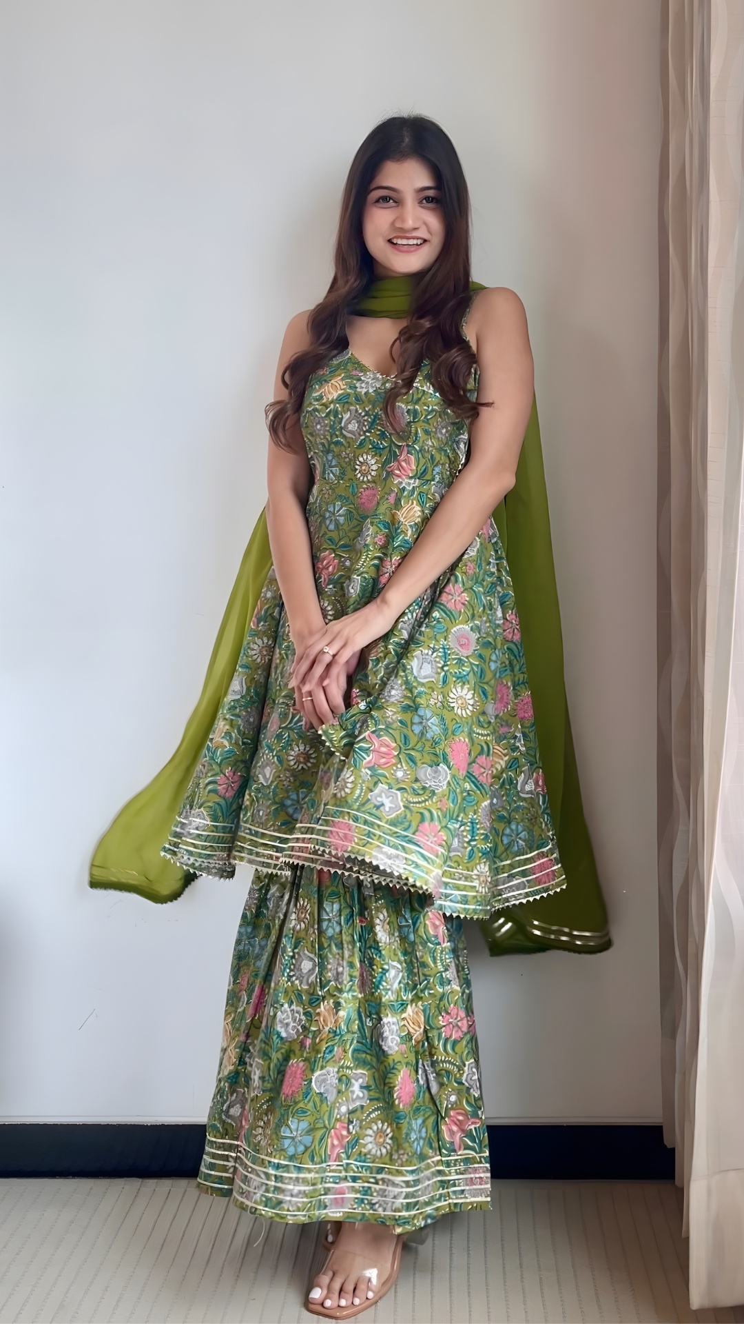 Mehndi Green Floral Print Sharara Set