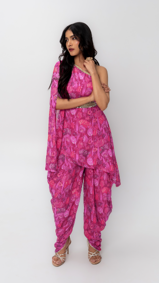 Pink Asymmetric Kurta With Dhoti Pants