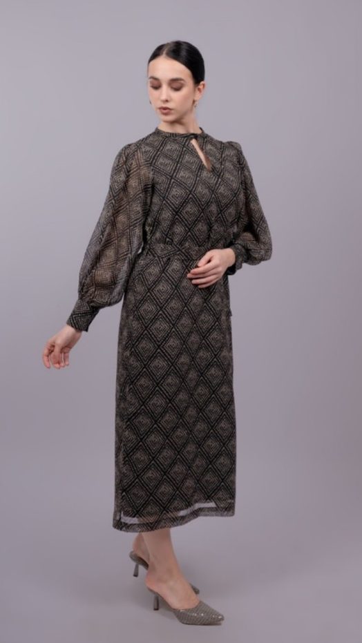 Black Formal Balloon Sleeve Long Straight-Fit Dress