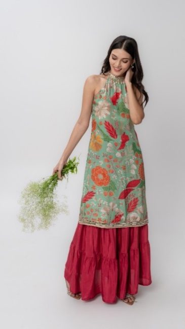 Green Floral Printed Kurta With Skirt