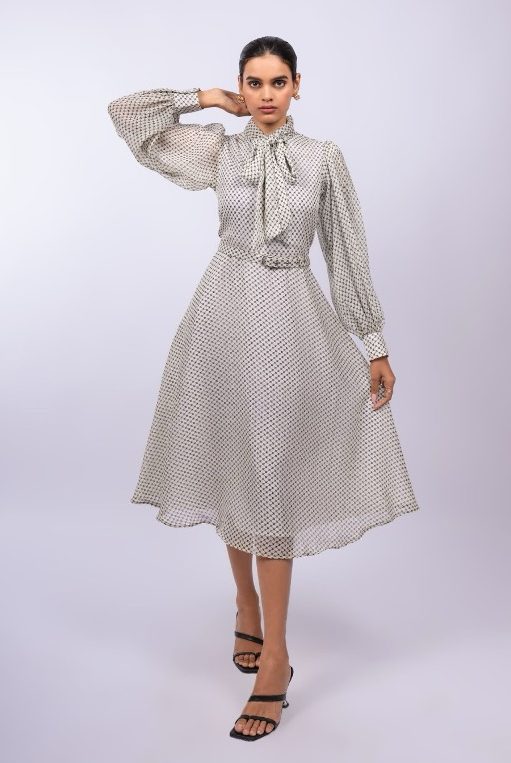 Off-White Formal Tie-up Neck Bishop Sleeve Fit and Flare Dress