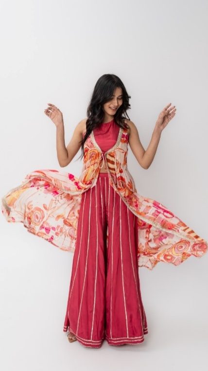 Pink 3 Piece Coord Set With Kurti Crop Top & Flared Pants