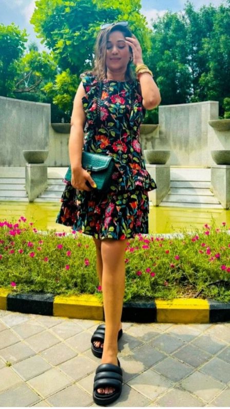 Black Floral Cotton Dress With Frills