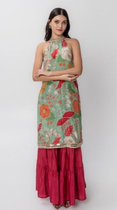 Green Floral Printed Kurta With Skirt