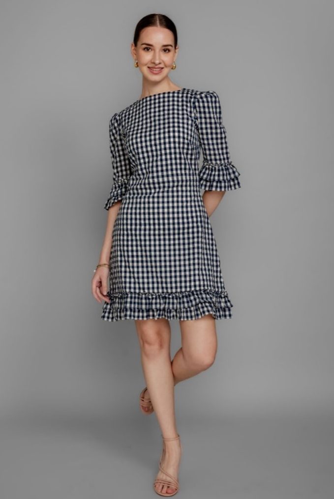 Blue Cotton Checked Formal Dress