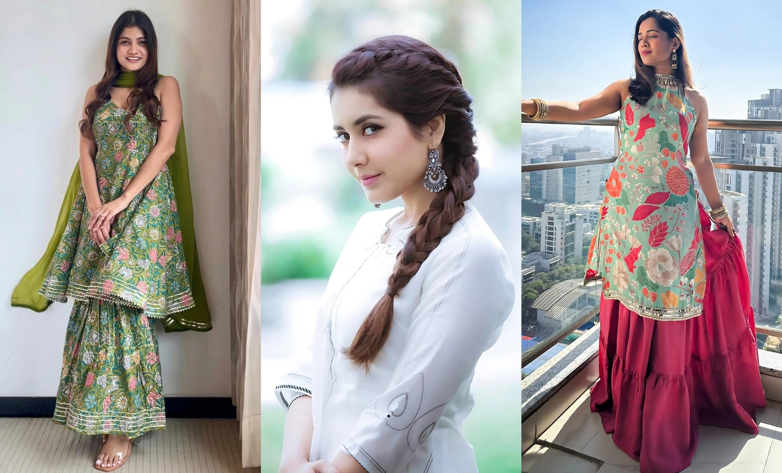 Stylish side braid hairstyle with green sharara suit ideas for women