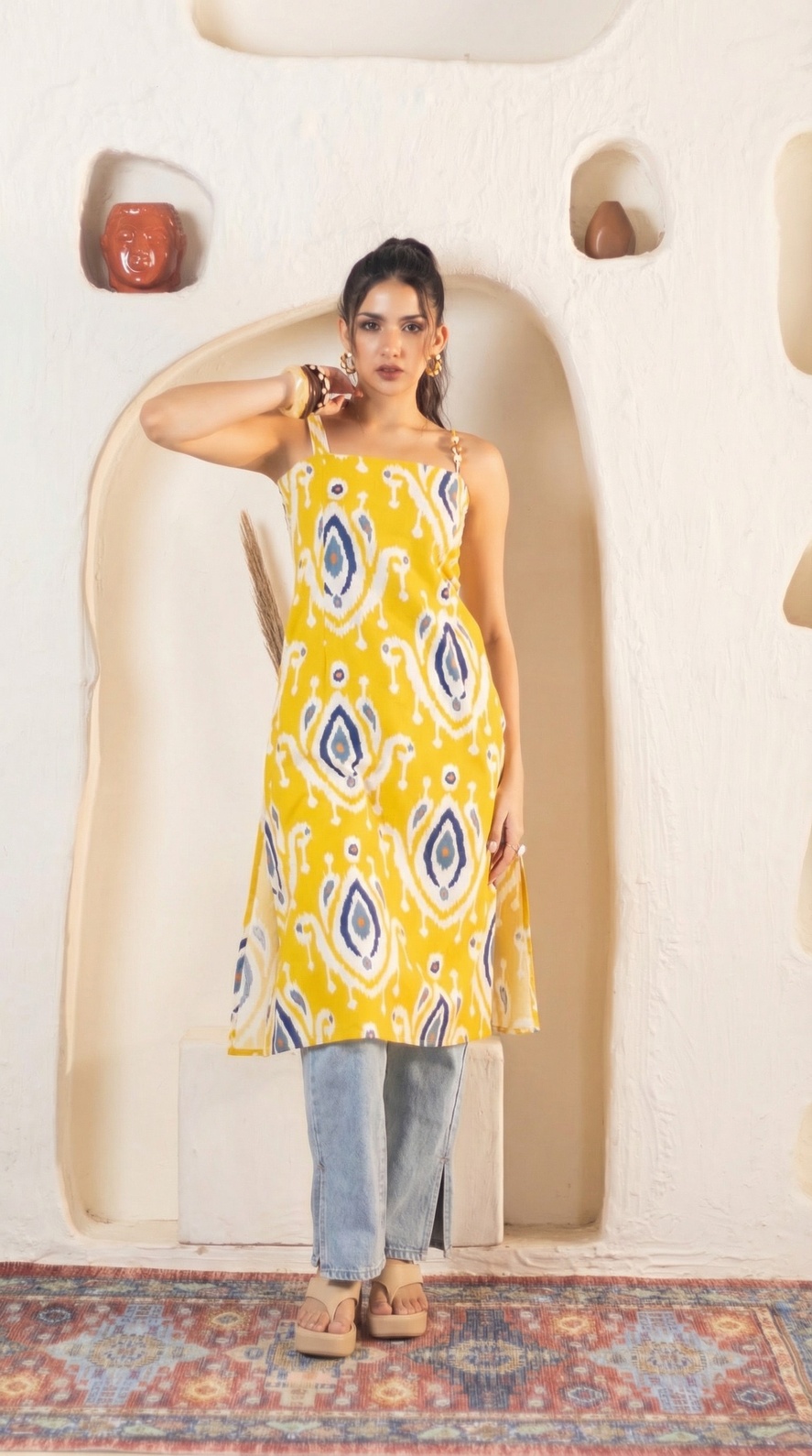 Yellow ikat straight kurta with slit hem bottom