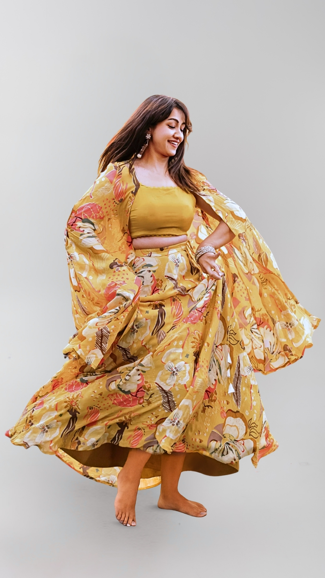 Yellow Floral Lehenga With Shrug
