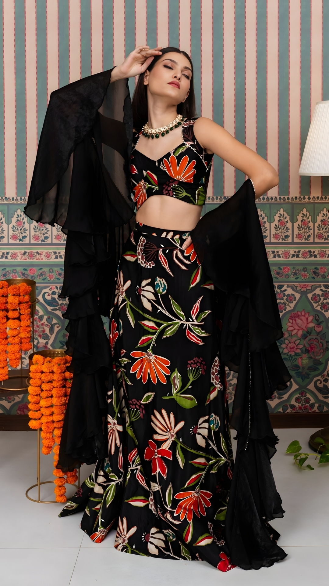 Black Floral Print Lehenga With Dupatta