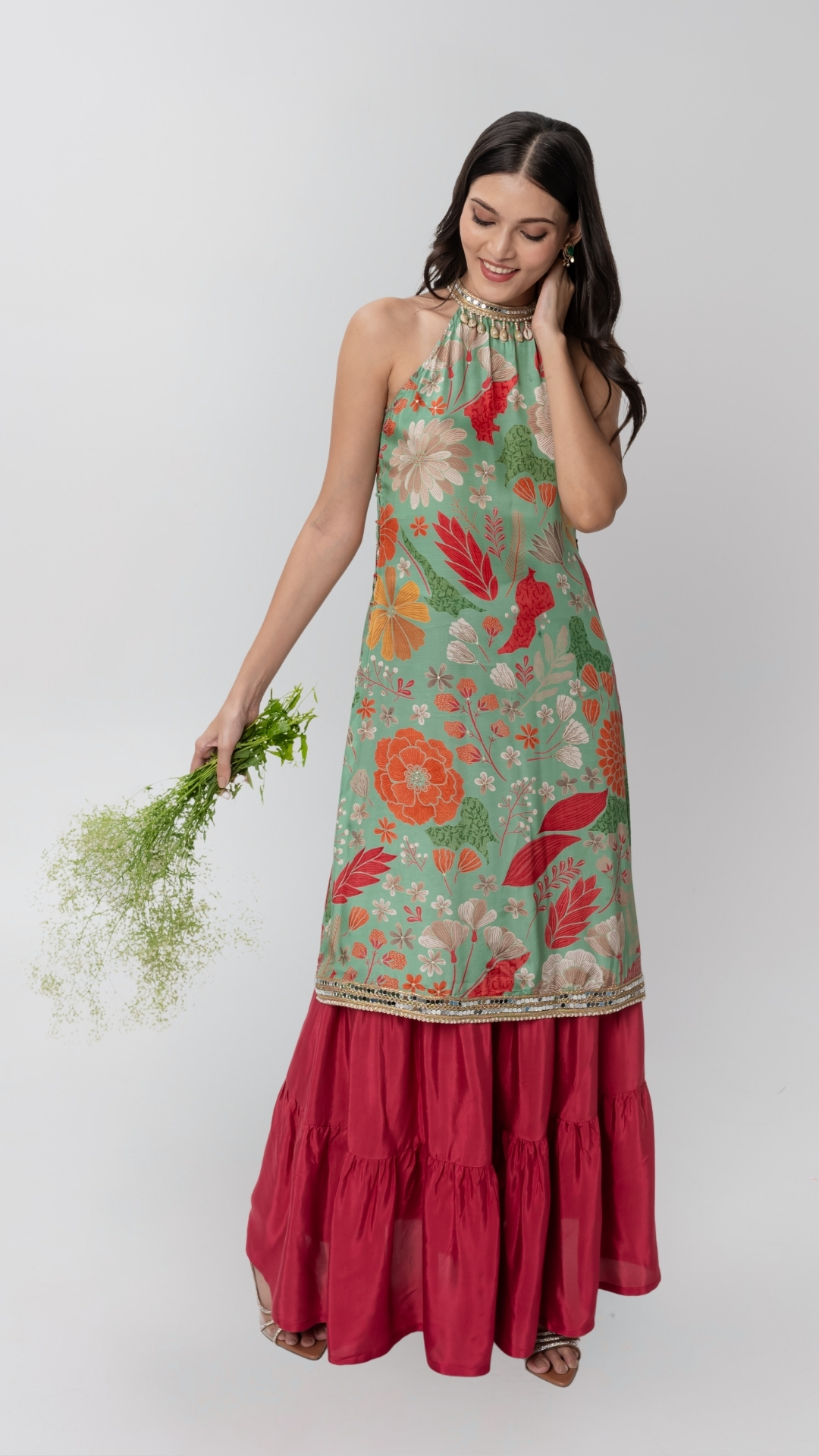 Green Floral Printed Kurta With Skirt