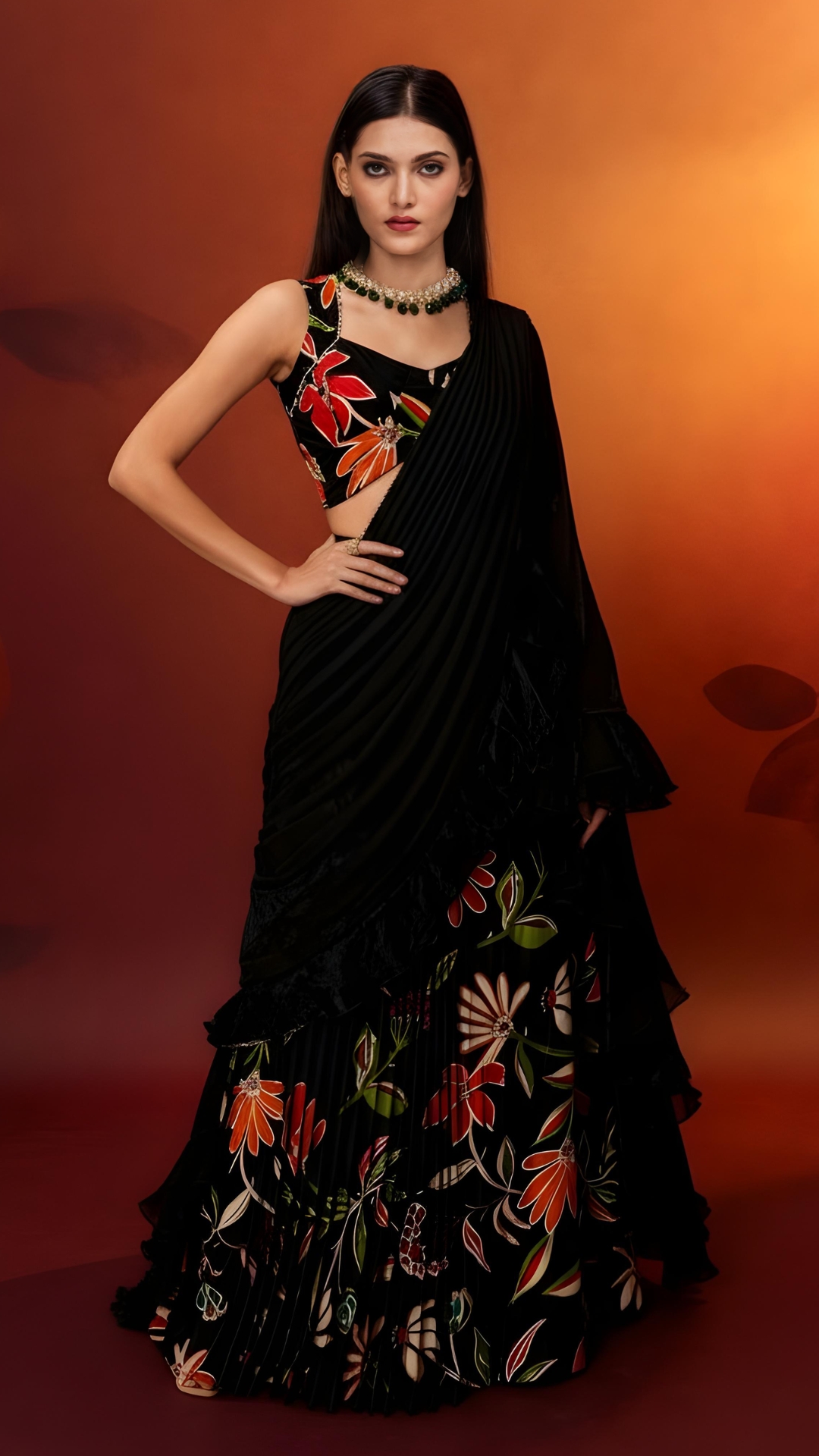Saree style dupatta drape for black floral lehenga with ruffle dupatta