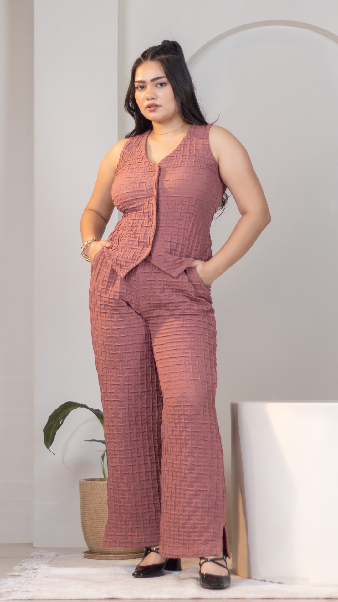 Mauve Waistcoat Casual Co-Ord Set is a dapper airport outfits for women