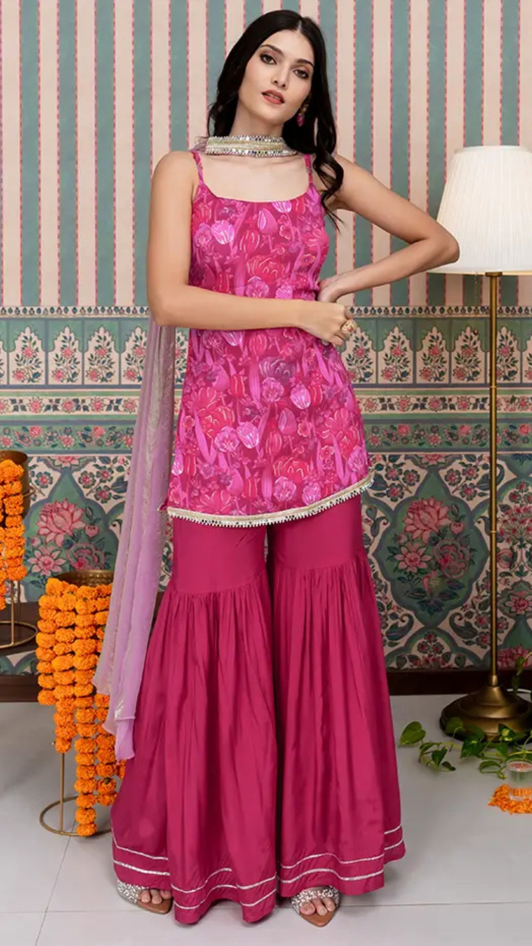 High neck dupatta drape with pink sharara suit with choker dupatta