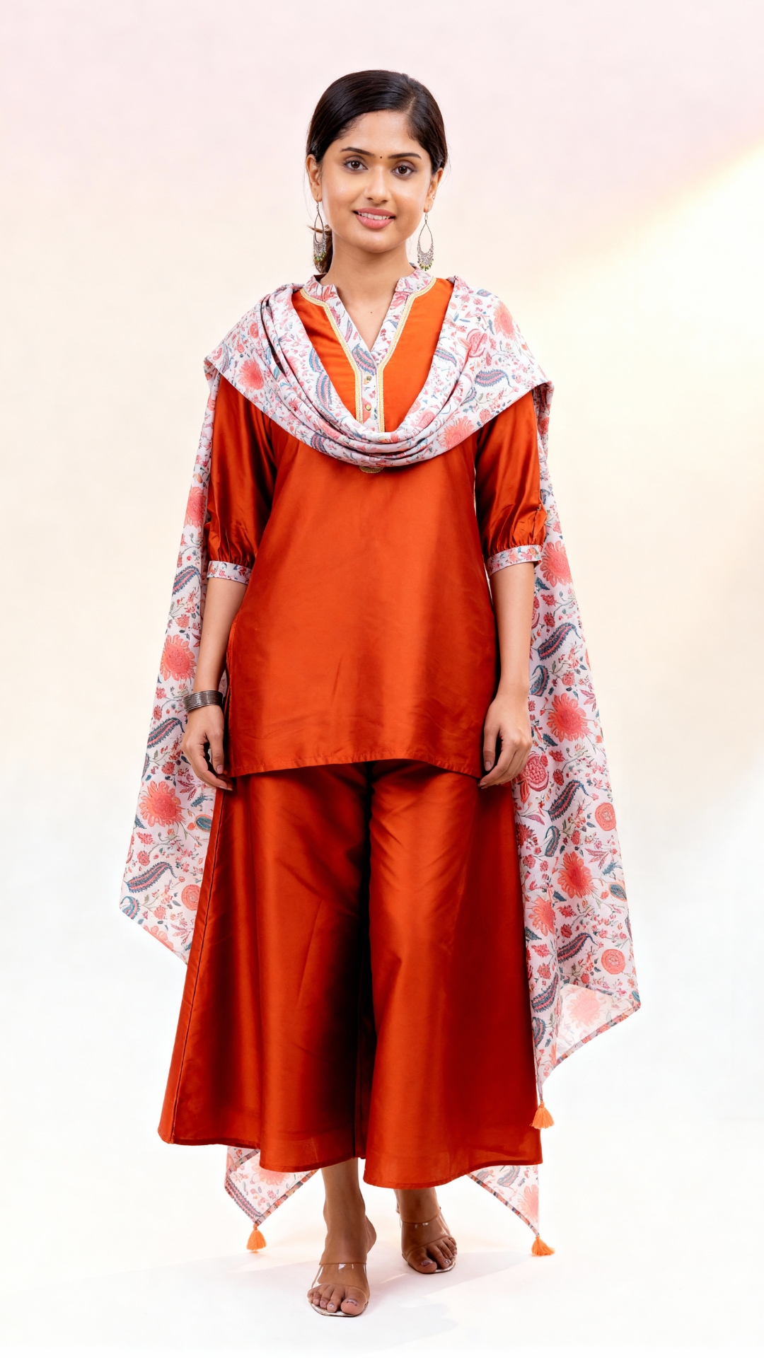 Cowl dupatta drape in rust orange kurti set