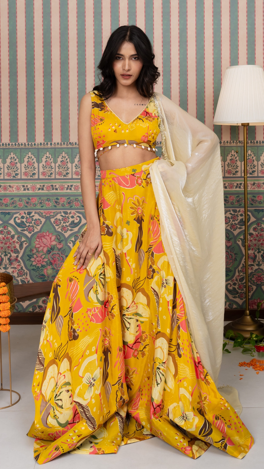 Cape style dupatta draping style for yellow floral lehenga