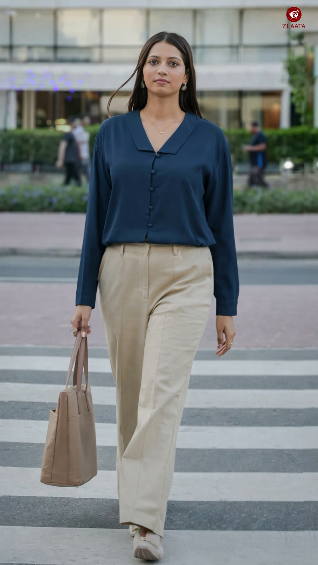 Blue shirt with beige pants