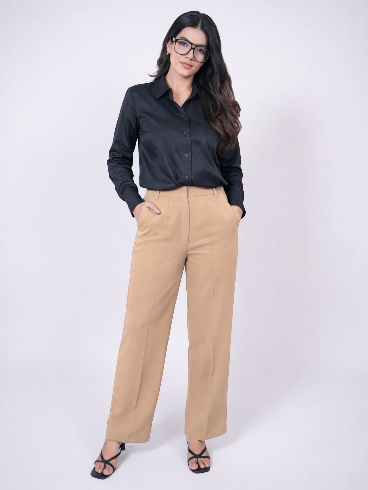 Beige Loose Fit Solid High-rise Trousers