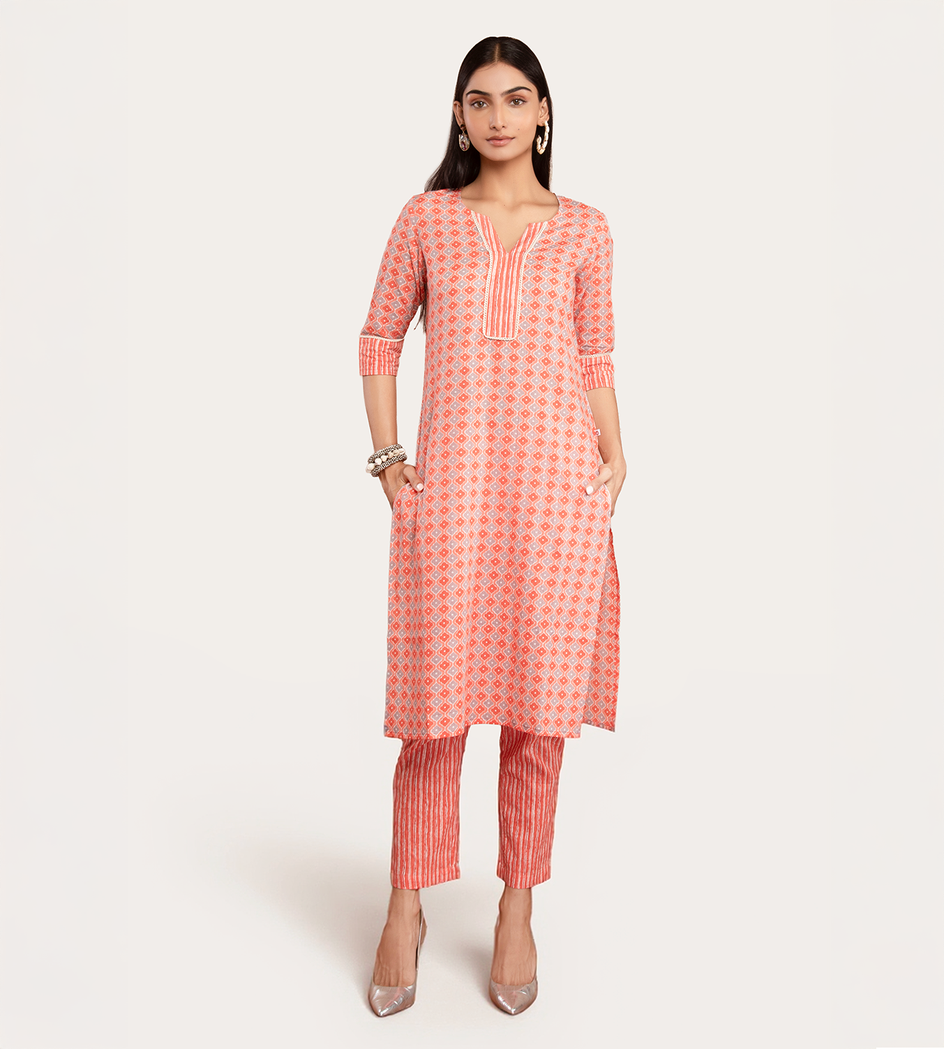 Pink Cotton Geometric Kurta With Pant Republic Day Dress