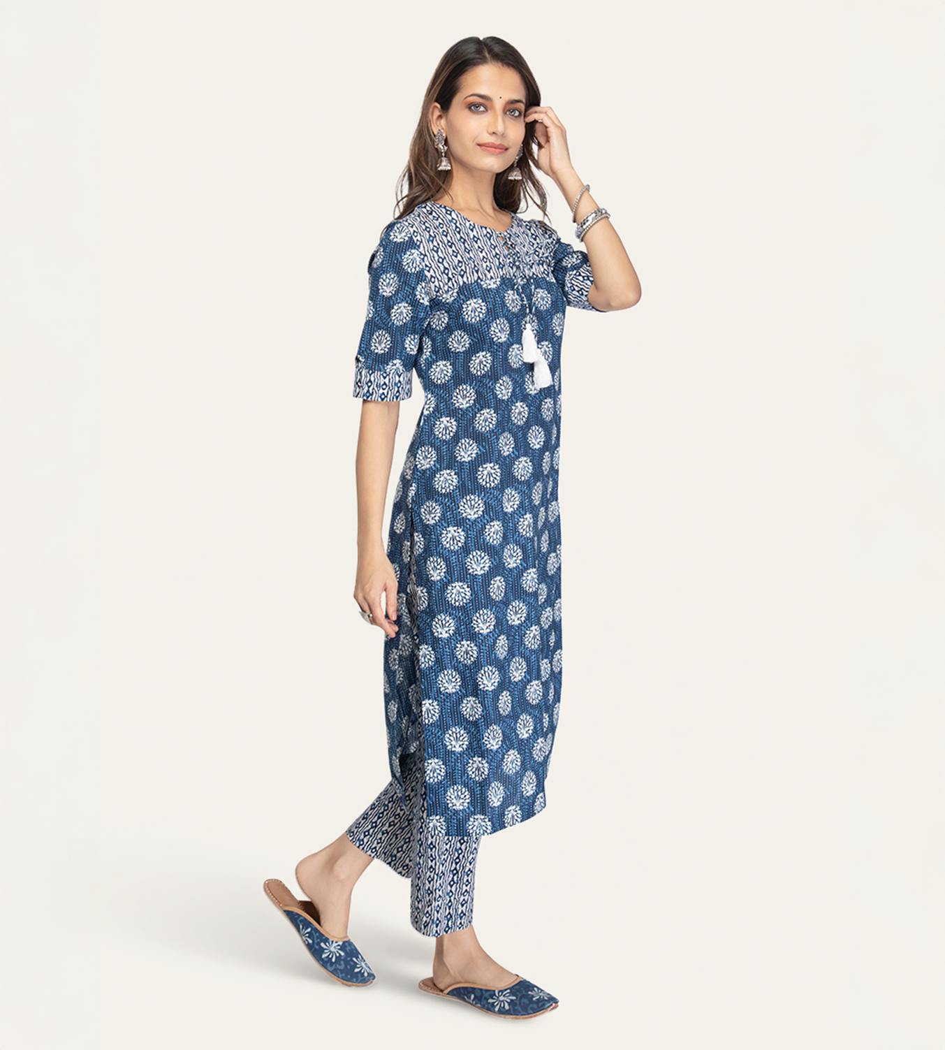 Indigo Cotton Yoke Detail Printed Kurta With Pant republic day dress