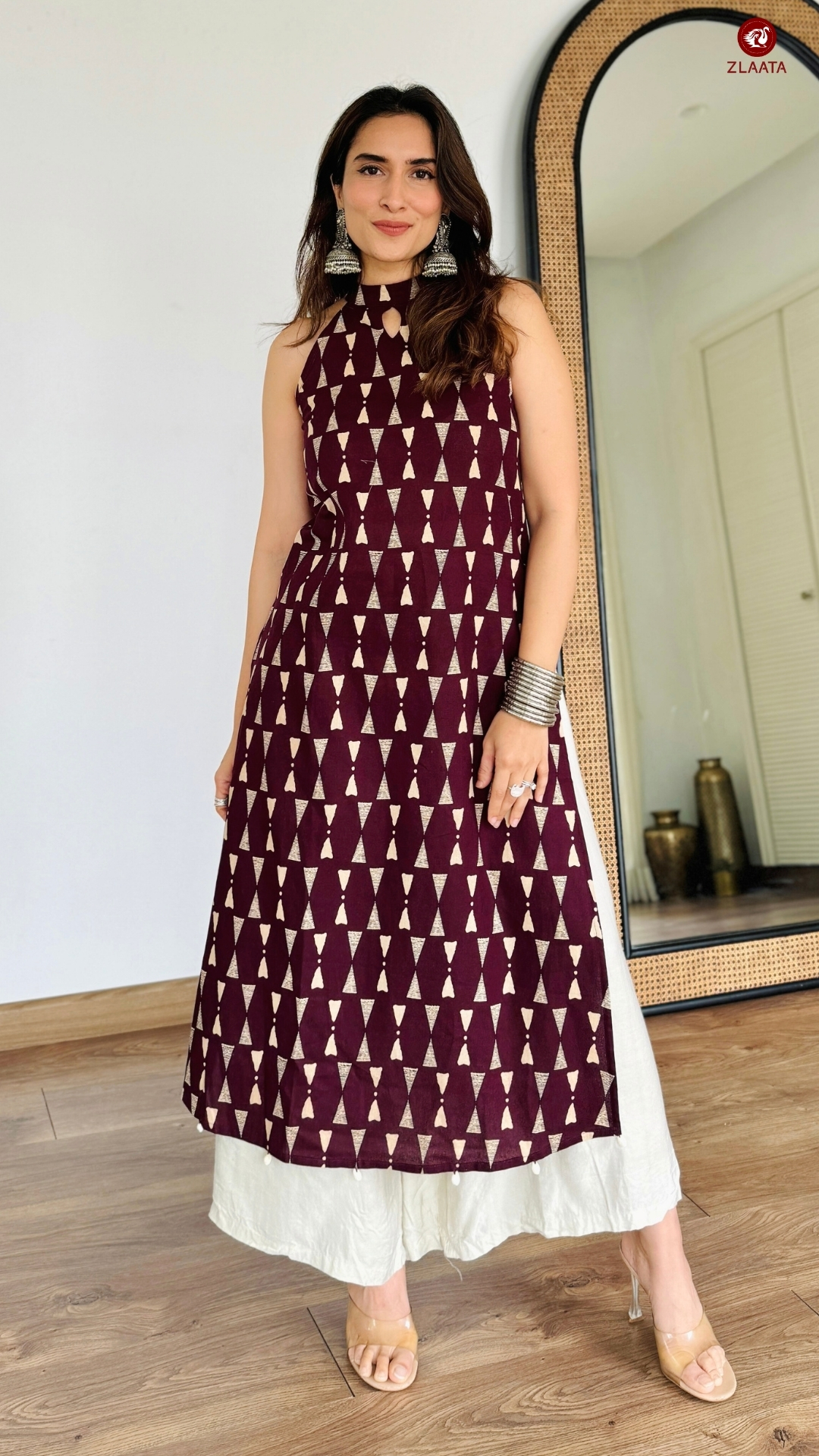 Maroon printed halter neck kurta