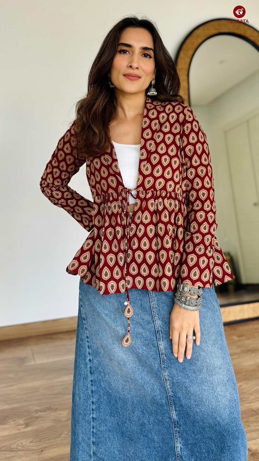 Maroon printed Indo-western shrug
