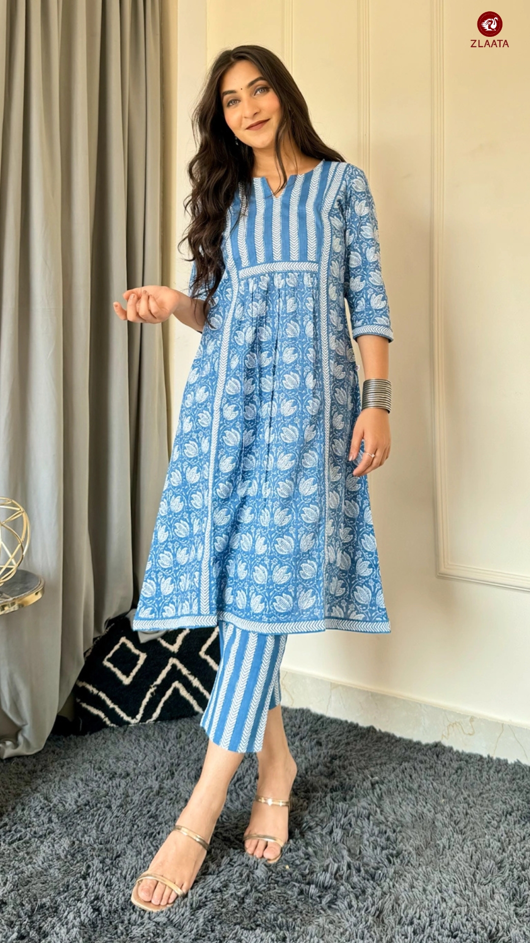 Blue floral printed kurta set