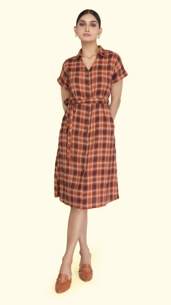 Brown Checked Pattern Shirt Dress